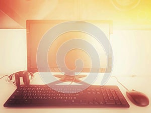 modle computer on wood table