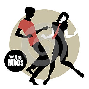 We are Mods. Silhouettes of couple wearing retro clothes in the 1960s Mod style dancing