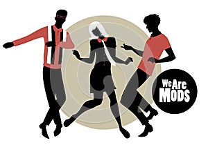 We are Mods. Silhouettes of two guys and girl wearing retro clothes in the 1960s Mod style dancin