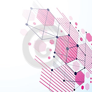 Modular Bauhaus 3d vector magenta background, created from simple geometric figures like hexagons and lines. Best for use as