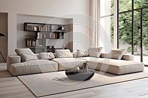 Modular corner sofa in spacious room. Minimalist home interior design of modern living room