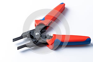 Modular crimping tool for RJ-45, white background, Crimping tool, RJ 45 LAN cable twisting tool.