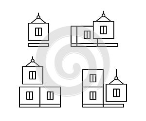 Modular house construction, line icon set. Building home from prefabricated panels. Modern prefab fast technology in