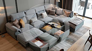 A modular sofa with hidden storage compartments allowing for quick and effortless organization of living essentials in a