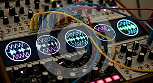 Modular Synthesizer with Oscilloscope Displays, Cables, and Knobs