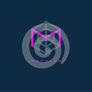 Modulus logo. M monogram. M letter on net. Line letter in the hexagon.