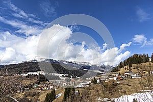 Moena , Trentino Alto Adige , Alps , Dolomites , Italy. Panoramic view of Moena. City in the mountains.