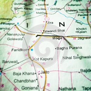 moga city name displayed on geographic map in India photo