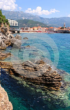 Mogren Beach Budva in Montenegro. Relaxing on the nature. Tourism in Europe.