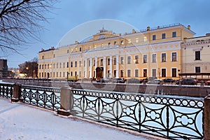 The Moika Palace or Yusupov Palace, literally the Palace of the Yusupovs on the Moika in the winter night. St