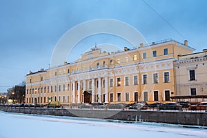 The Moika Palace or Yusupov Palace, literally the Palace of the Yusupovs on the Moika in the winter night. St