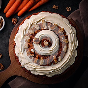 A moist carrot cake studded with nuts and raisins, covered in a creamy swirl of cream cheese frosting. Ai generated