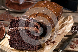 Moist chocolate cake with milk chocolate topping glaze