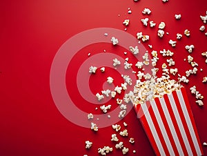 Moist popcorn spills from a striped bucket on a red backdrop