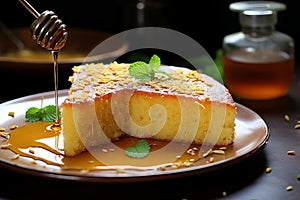 Moist Semolina cake honey spoon plate. Generate Ai