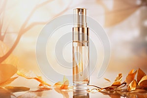 Moisturizer dropper in bottle, golden background, by AI Generated