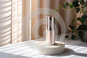 Moisturizer dropper in bottle on the podium, white background, by AI Generated