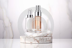 Moisturizer dropper in bottle on the podium, white background, by AI Generated