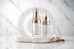 Moisturizer dropper in bottle on the podium, white background, by AI Generated