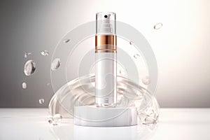 Moisturizer dropper in bottle on the podium, white background, by AI Generated