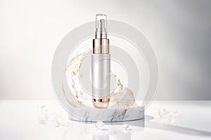 Moisturizer dropper in bottle on the podium, white background, by AI Generated