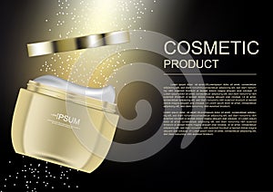 Moisturizer with gold container and light beam on black background vector cosmetic ads template