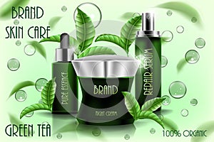 Moisturizing cosmetic ads template, 3D cosmetic product design with flying tea leaves. Cream, spray serum and pure