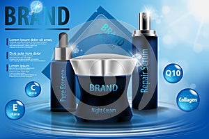 Moisturizing cosmetic ads template, 3D illustration cosmetic product mockup upon water. Cream, spray serum and pure photo