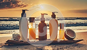 Moisturizing oils and lotions for tanning on a beach against the sea