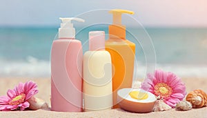 Moisturizing oils and lotions for tanning on a beach against the sea