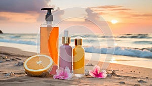 Moisturizing oils and lotions for tanning on a beach against the sea