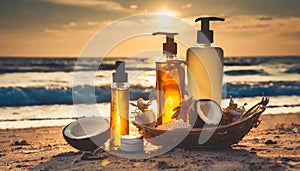 Moisturizing oils and lotions for tanning on a beach against the sea