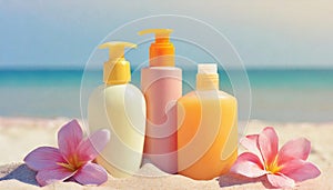 Moisturizing oils and lotions for tanning on a beach against the sea