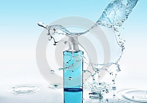 Moisturizing shampoo on the blue water background with big splash