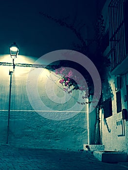 Mojacar, Spain, August 27, 2017: Mojacar street at night, street lights