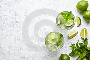 Mojito cocktail alcohol bar long drink traditional Cuba fresh tropical beverage top view copy space two highball glass