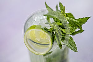 Mojito cocktail alcohol bar long drink traditional Cuba fresh tropical beverage top view copy space two highball glass, with rum,