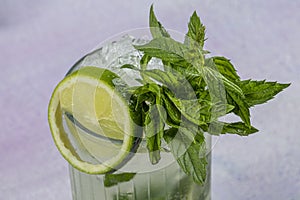 Mojito cocktail alcohol bar long drink traditional Cuba fresh tropical beverage top view copy space two highball glass, with rum,