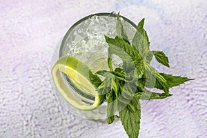 Mojito cocktail alcohol bar long drink traditional Cuba fresh tropical beverage top view copy space two highball glass, with rum,