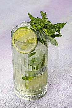 Mojito cocktail alcohol bar long drink traditional Cuba fresh tropical beverage top view copy space two highball glass, with rum,