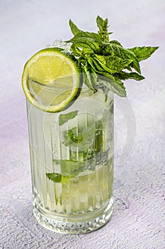 Mojito cocktail alcohol bar long drink traditional Cuba fresh tropical beverage top view copy space two highball glass, with rum,