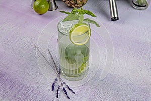 Mojito cocktail alcohol bar long drink traditional Cuba fresh tropical beverage top view copy space two highball glass, with rum,