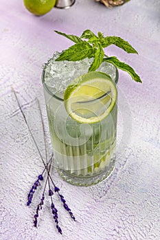 Mojito cocktail alcohol bar long drink traditional Cuba fresh tropical beverage top view copy space two highball glass, with rum,