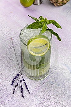 Mojito cocktail alcohol bar long drink traditional Cuba fresh tropical beverage top view copy space two highball glass, with rum,