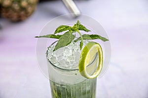 Mojito cocktail alcohol bar long drink traditional Cuba fresh tropical beverage top view copy space two highball glass, with rum,