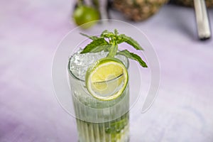 Mojito cocktail alcohol bar long drink traditional Cuba fresh tropical beverage top view copy space two highball glass, with rum,