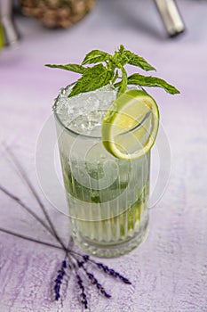 Mojito cocktail alcohol bar long drink traditional Cuba fresh tropical beverage top view copy space two highball glass, with rum,