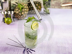 Mojito cocktail alcohol bar long drink traditional Cuba fresh tropical beverage top view copy space two highball glass, with rum,