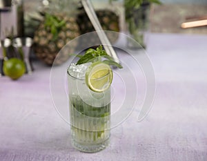 Mojito cocktail alcohol bar long drink traditional Cuba fresh tropical beverage top view copy space two highball glass, with rum,