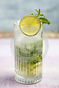 Mojito cocktail alcohol bar long drink traditional Cuba fresh tropical beverage top view copy space two highball glass, with rum,